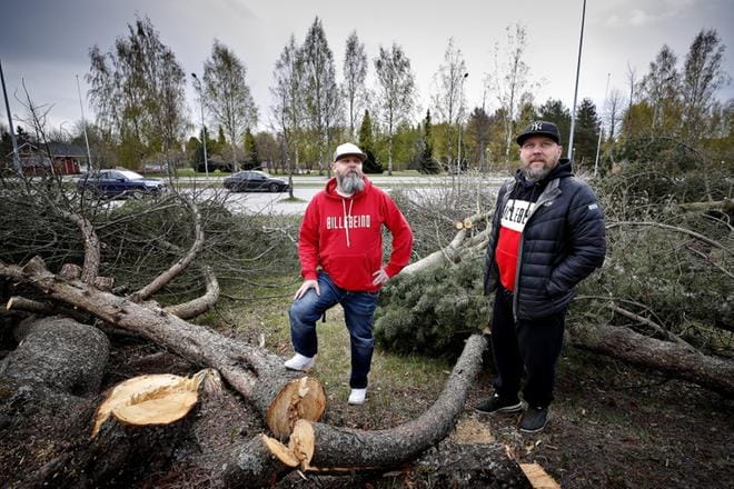 Seinäjoelle uimahalli-urheilutalon viereen tulevalta padel-kentältä on puut juuri kaadettu seinäjokelaisten puuhamiesten Teemu Uotilan (vas.) ja Jani Tarpion iloksi.KUVA: TOMI KOSONEN
