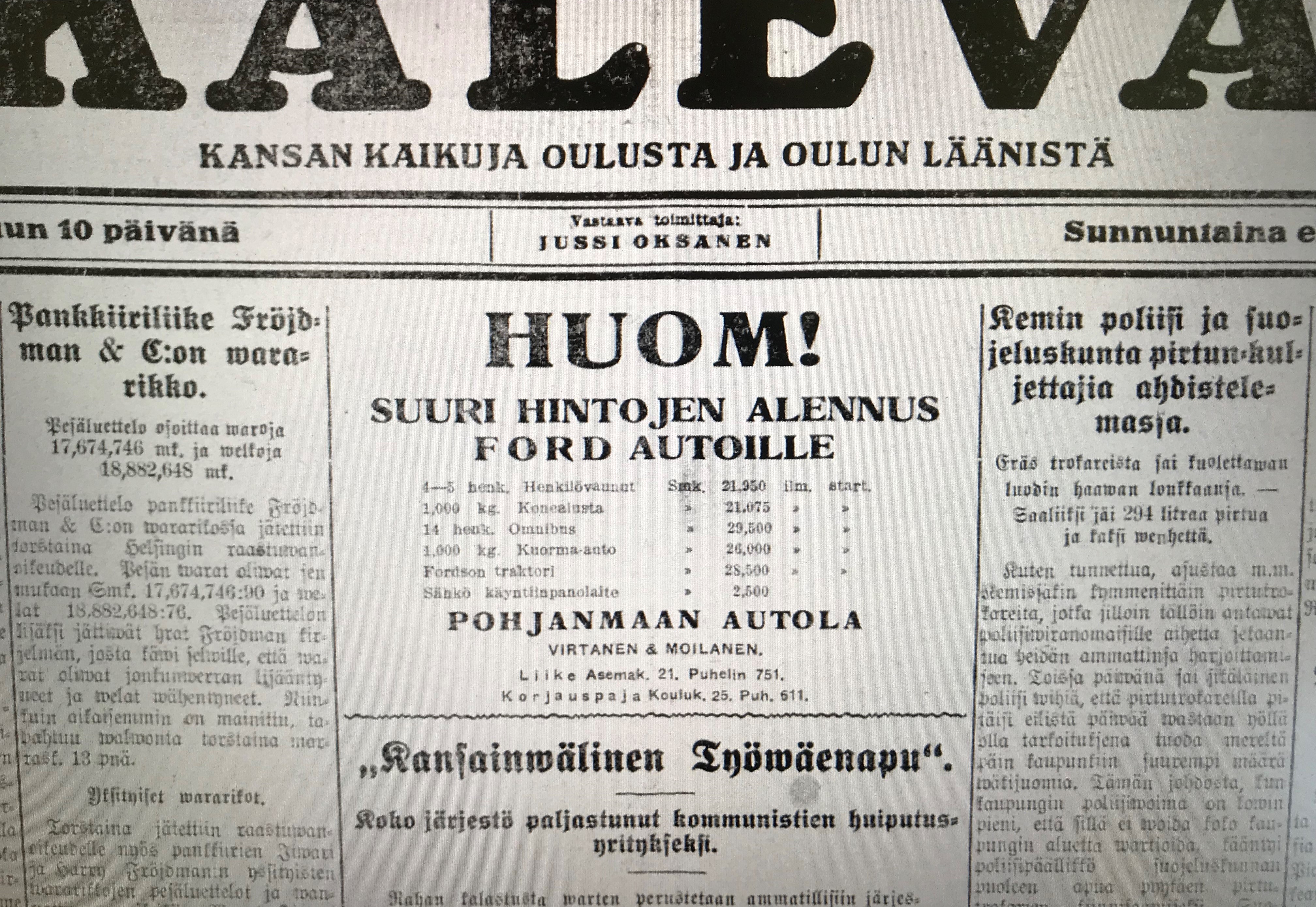 Autoliikkeiden, linja-autoilijoiden sekä taksinkuljettajien ilmoitukset lisääntyivät huomattavasti Kalevassa 1920-luvulla, jolloin autot alkoivat yleistyä vauhdilla Suomen maanteillä.