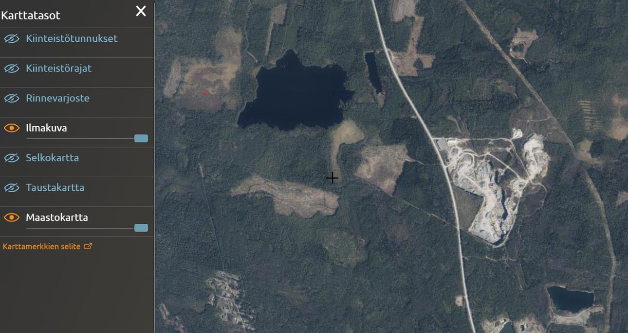Kuvakaappaus Maanmittauslaitoksen Karttapaikka-palvelusta. Kartassa näkyy ilmakuvaa Alskatintien ympärillä.