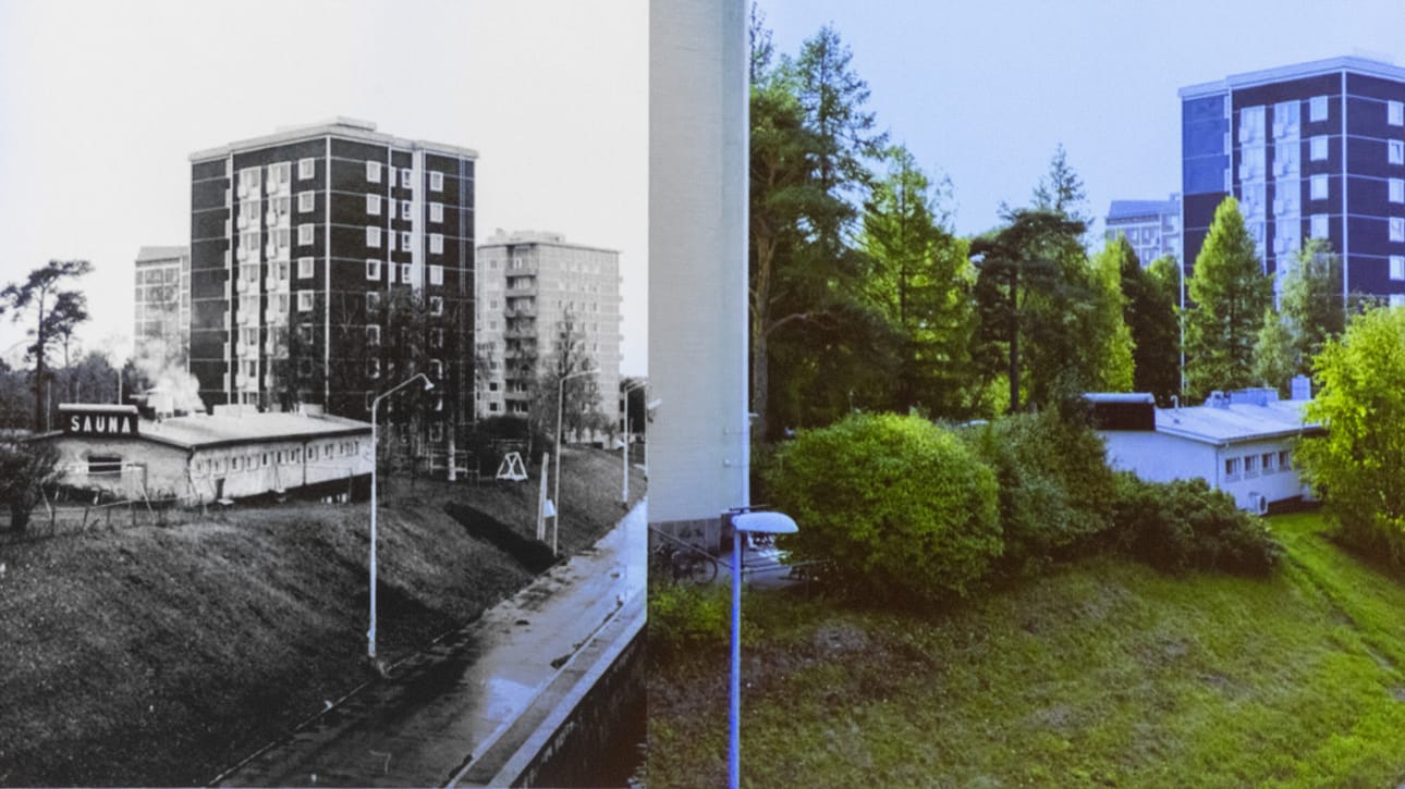 Toivoniemen ympäristön sekä saunan muutosta vuodesta 1986 vuoteen 2025 esiteltiin kuvaparin avulla. Uuden kuvan on ottanut Taika Hietanen.