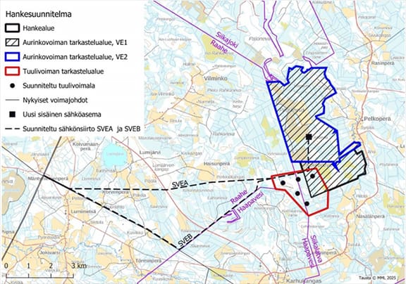 Siikalatvan ja Raahen rajalle suunnitellaan viidestä tuulivoimalasta ja enintään 1 300 hehtaarin suuruisesta aurinkopaneelikentästä koostuvaa energiapuistoa.