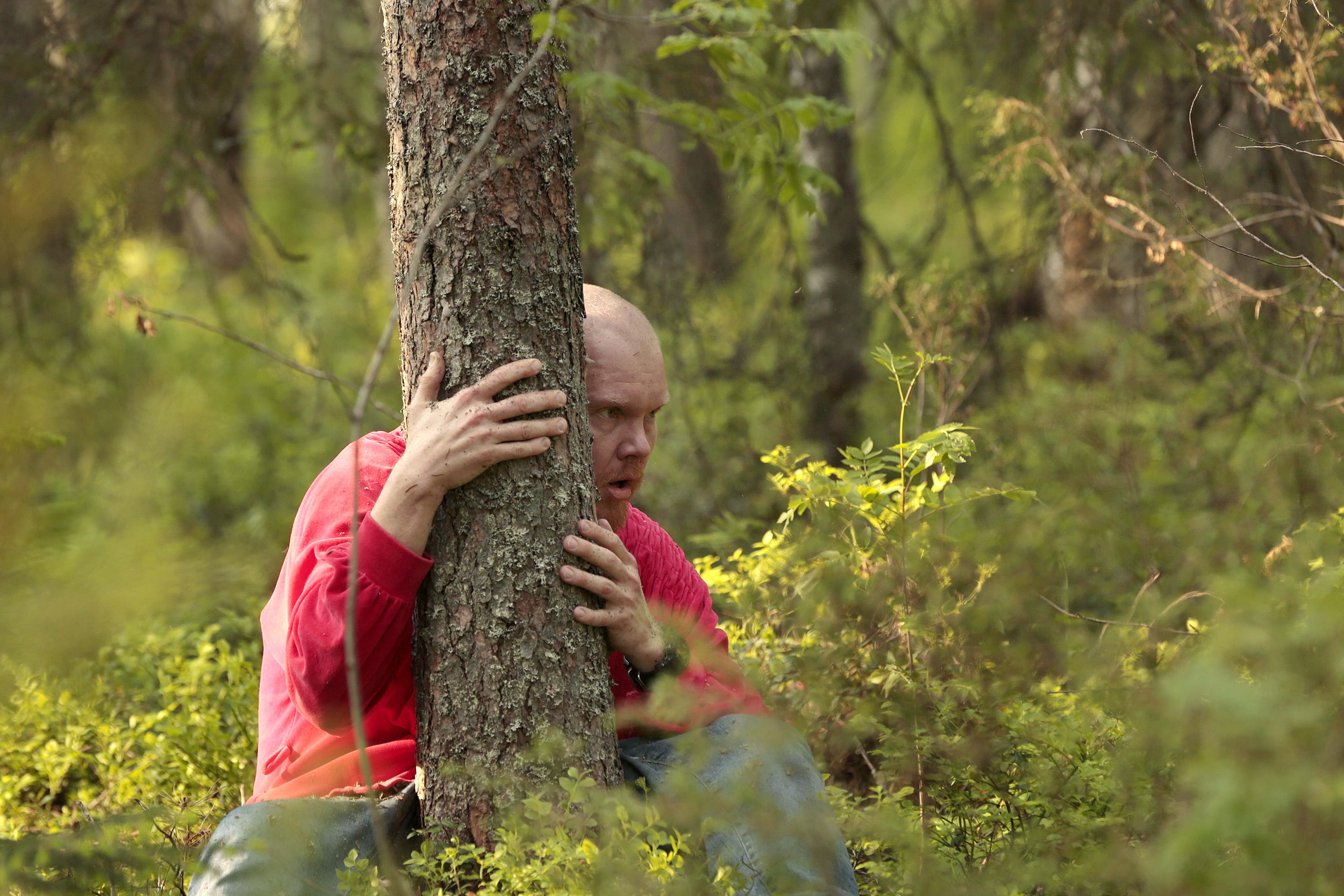 "Arvoisa eloyhteisö, Metsäbaletissa on radikaalia toivoa." Produktion koollekutsujana toimi kajaanilaisen Routa Companyn taiteellinen johtaja Saku Koistinen, joka tässä halii Pöllyvaaran komeaa puuta.