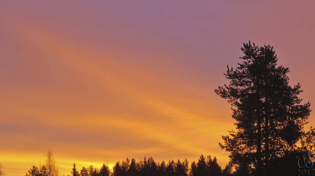 Tiistaiaamuna 31.1.2017 auringonnousun aikaan taivas oli kuin liekeissä! Luonto tarjosi upean vajaan varttitunnin mittaisen valoshown, jonka aikana sai ihailla uskomattomia värejä ja pilvien kuvioita.