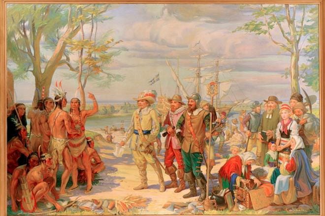 Ruotsalaiset ja intiaanit kohtasivat ensimmäisen kerran vuonna 1638 Delawarejoella. Christian von Schneidaun muraali vuodelta 1928 on maalattu American Swedish Historical Museumin kattoon Philadelphiassa.