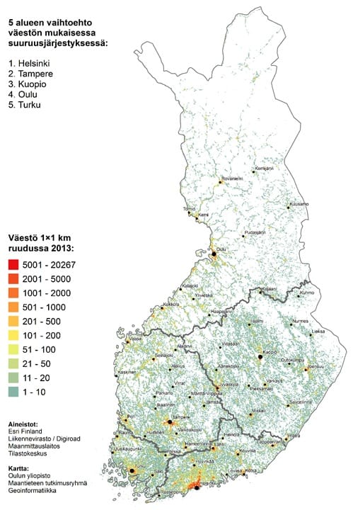 Viiden sote-alueen mallissa osa kainuulaisista kuuluisi Kuopion sote-alueeseen ja osa Oulun sote-alueeseen.