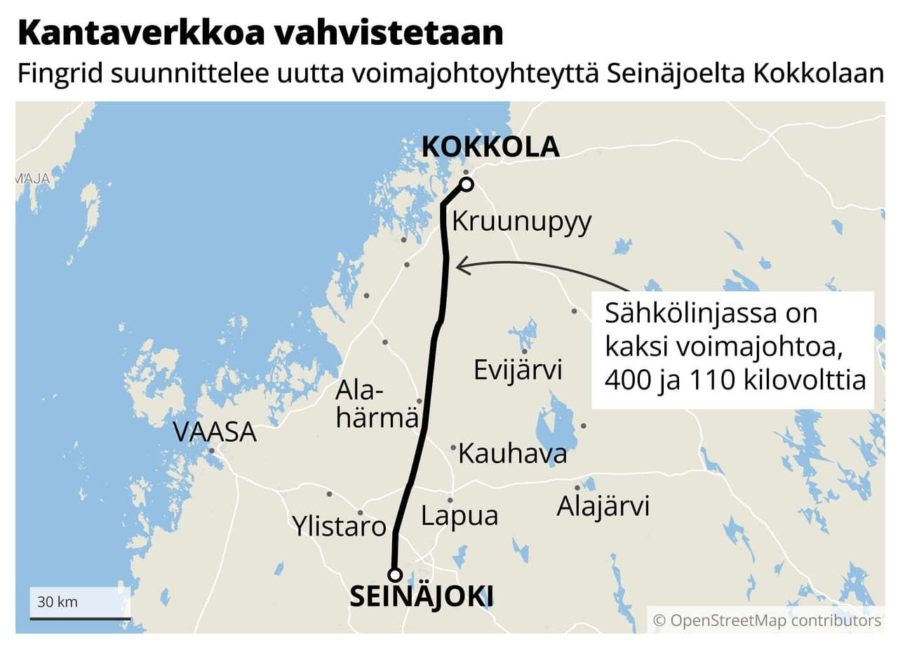 Uusi sähkölinja on toteutuessaan noin 116 kilometriä. Se sijoittuu pääosin nykyisen 110 kilovoltin voimajohdon reitille. Se alkaa Seinäjoen sähköasemalta ja päättyy Kokkolan Hirvisuolle. Lähde: Fingrid Oyj