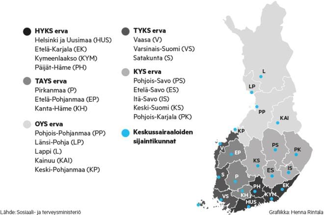 Sairaanhoitopiirit noudattavat lähes täysin maakuntajakoa. Poikkeuksena ovat Länsi-Pohja, joka kuuluu Lapin maakuntaan ja Itä-Savo, joka kuuluu Etelä-Savon maakuntaan. KUVA: Henna Rintala/STM