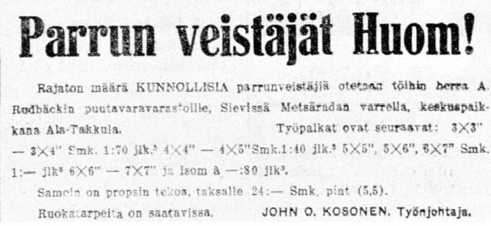 Rajaton määrä kunnollisia parrunveistäjiä sai töitä Sievistä toukokuussa 1923.