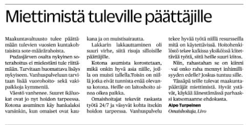 Alpo Turpeisen mielipidekirjoitus edellisessä Iijokiseudussa 12.1.2022 on herättänyt keskustelua.