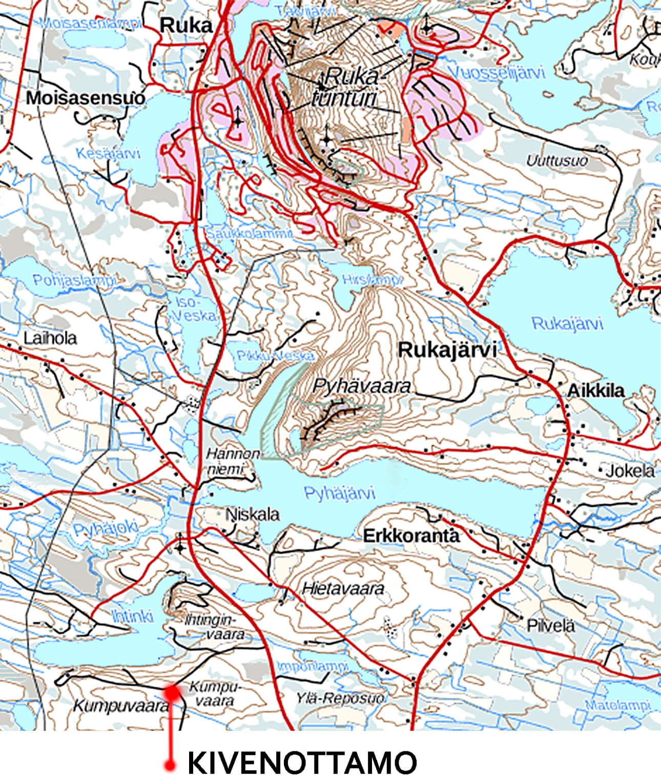Kivenottopaikka kartalla. Lupahakemus on nähtävillä Kuusamon kaupungilla 23. marraskuuta saakka.