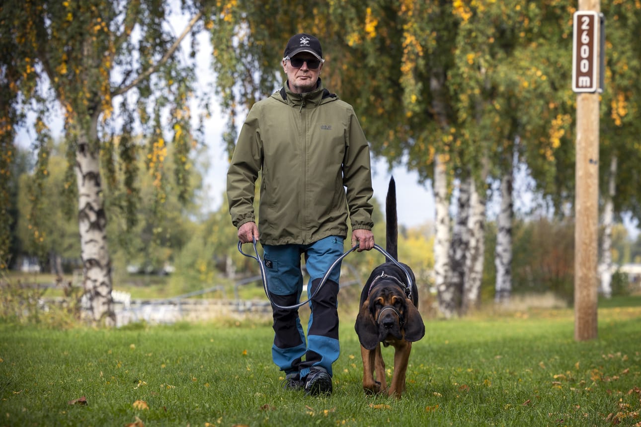 – Tämä on kaveri, joka laittaa liikkumaan, sanoo Tapani Vainionpää. Ropi käy kolmesti päivässä 5–10 kilometrin lenkin. He tekevät myös metsäretkiä ja vaelluksia Lapissa.