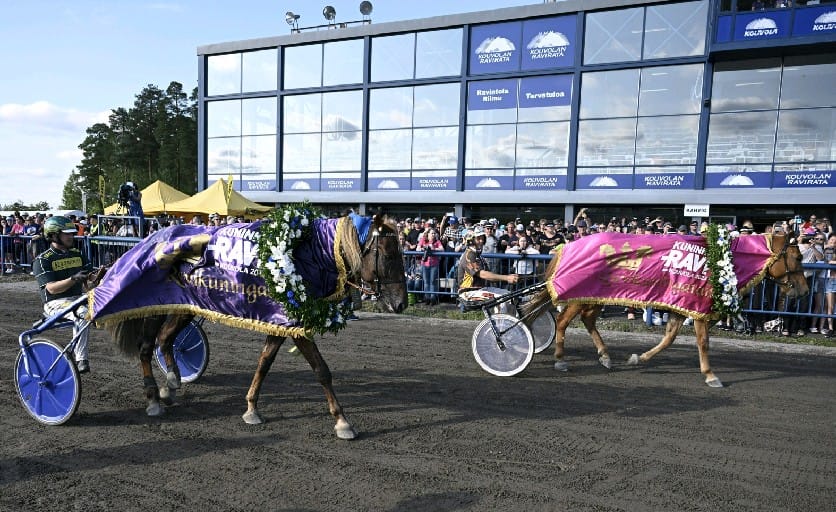 Ravikuninkaalliset, Hannu Torvisen ohjastama ravikuningas Parvelan Retu (vas.) sekä Harri Kotilaisen ohjastama ravikuningatar Lumi-Oosa Kuninkuusraveissa Kouvolassa 6. elokuuta 2023.
