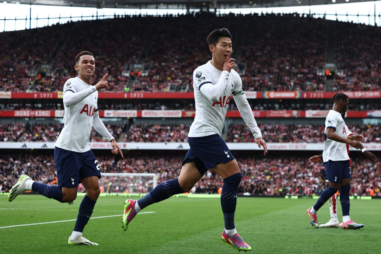 Tottenhamin eteläkorealaistähti Son Heung-min viimeisteli vierasjoukkueen molemmat osumat. LEHTIKUVA / AFP