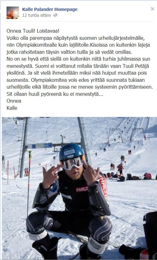 Kalle Palander onnitteli ja näytti keskisormea.