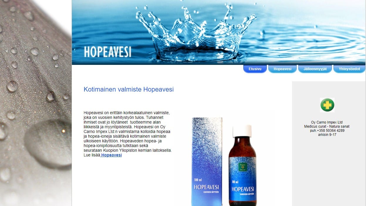 Terveyden ja hyvinvoinnin laitos varoittaa hopeaveden sisäisestä käytöstä. Hopeavettä markkinoidaan useilla eri tuotemerkeillä. Kuvakaappaus hopeavesi.fi-sivustolta.