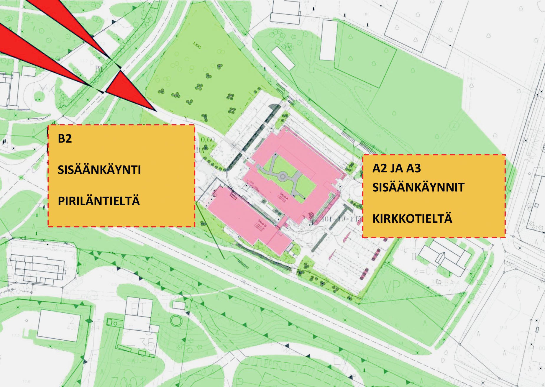 Nyt Piriläntien kautta kuljetaan B2-sisäänkäyntiin, mistä pääsee päivystykseen, kiireelliseen lääkärin vastaanottoon, hoitajan vastaanotolle ja hammashoitolaan. Jälkimmäiseen kulku alkaa 4. elokuuta. Kirkkotien kautta kuljetaan A3-sisäänkäynnistä toisen kerroksen kiirettömään lääkärin vastaanottoon ja A2-sisäänkäynnistä ensimmäisessä kerroksessa olevaan röntgeniin ja laboratorioon. Terveyskeskussairaalaan, kuntoutukseen ja fysioterapiaan kuljetaan edelleen Kirkkotien kautta A3-oven kautta.