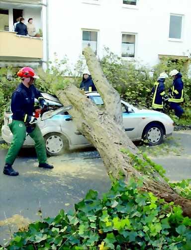 Puu nurin. Palomiehet raivasivat myrskyn tuhoja Koblenzissa Saksassa.