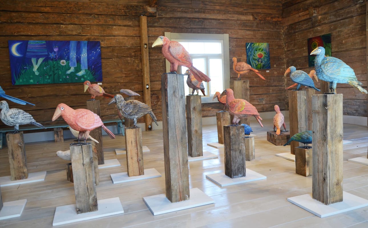 Anu Pentikäisen ja Iiris Pentikäisen kesänäyttely Lintuja ja loitsuja Gallerian tiloissa.