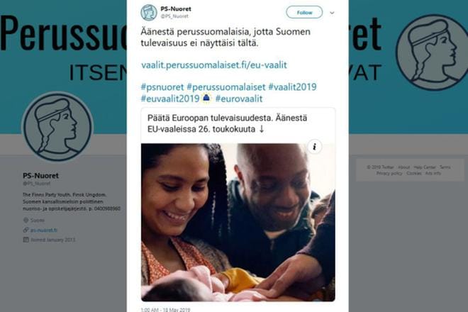 Perussuomalaisten nuorten 18. toukokuuta julkaisema Twitter-päivitys. KUVA: Kuvakaappaus