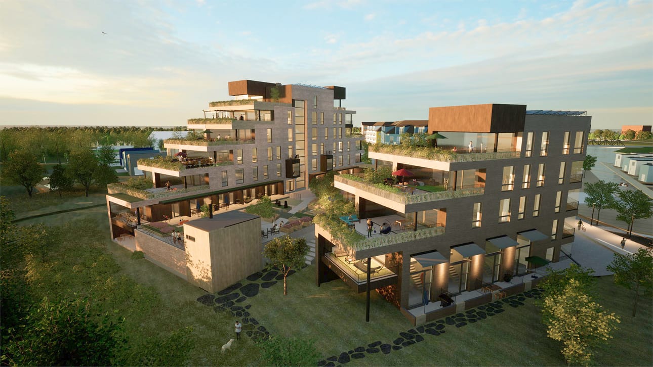 Yleisilmeeltään rakennukset ovat omaperäisiä, sillä niiden korkein kohta on keskellä, josta ne terassoituvat matalammiksi päätyjä kohden. Arvioitavan asunnon tunnistaa kuvasta kattoterassin punaisesta aurinkovarjosta.