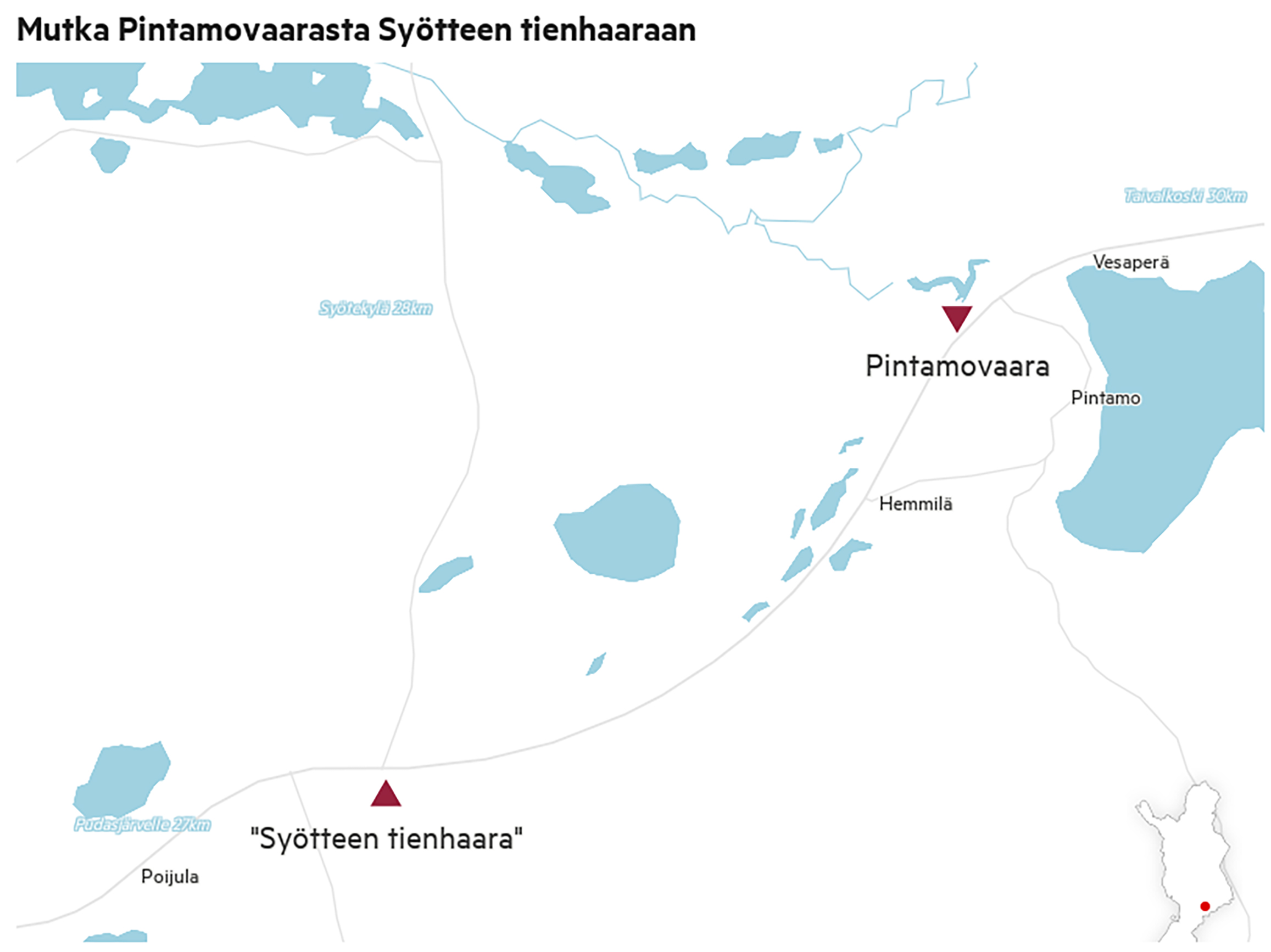 Reilu viiden kilometrin mutka on Syötteen tiehaaran ja Pintamon itäisen tiehaaran välissä.