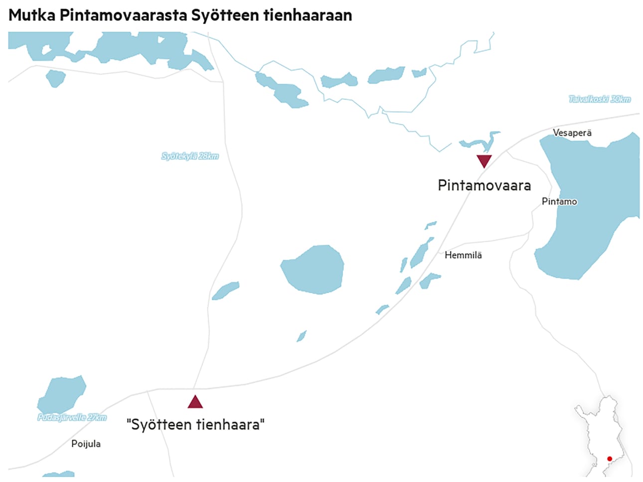 Reilu viiden kilometrin mutka on Syötteen tiehaaran ja Pintamon itäisen tiehaaran välissä.