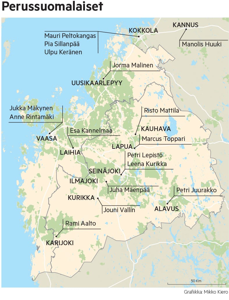 Eduskuntavaalien perussuomalaiset ehdokkaat kartalla.