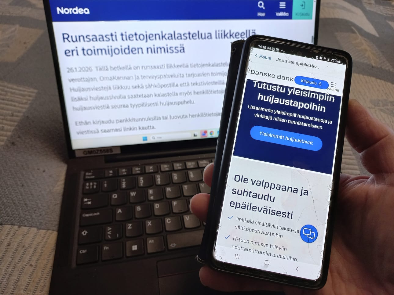 Pankit muistuttavat asiakkaitaan huijausten yleisyydestä tämän tästä. Verkkopankkitunnuksia ei pidä luovuttaa kenellekään eikä viestien linkkejä kannata avata.