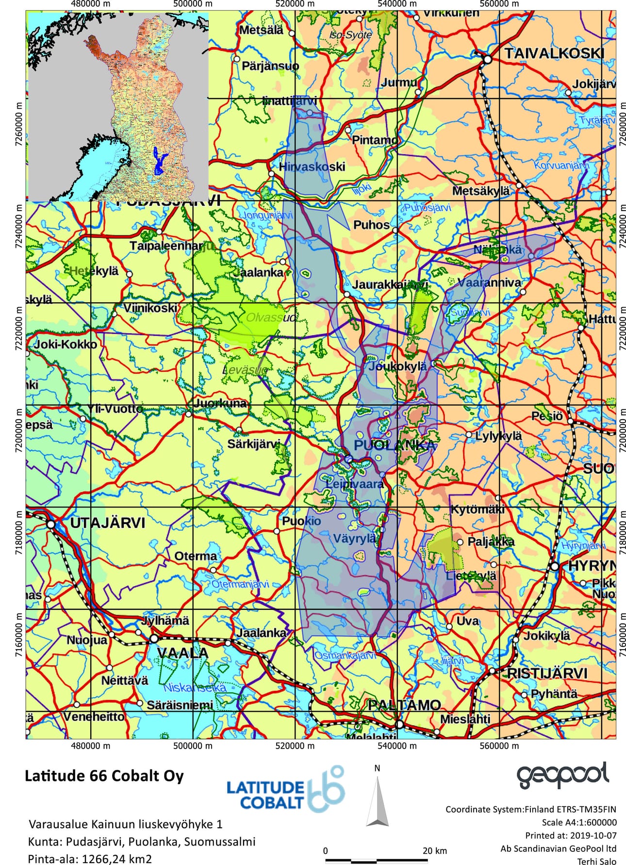 Latitude 66 Cobaltin noin 40 kilometriä pitkä varausalue Pudasjärvellä ulottuu vajaan kymmenen kilometrin vyöhykkeenä Iinattijärven pohjoispuolelta Jaurakkajärven Viitaperälle.