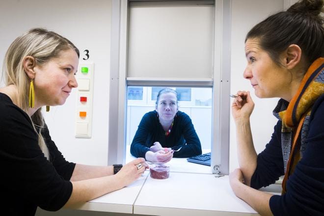 Tutkimuskoordinaattori Saara Lundén (vas), apulaisprofessori Mari Sandell ja tutkimuskoordinaattori Laura Forsman aistilaboratoriossa, jossa tehdään erilaisia makutestejä. Lundén ja Forsman makustelevat kukkakaalijäätelöä.