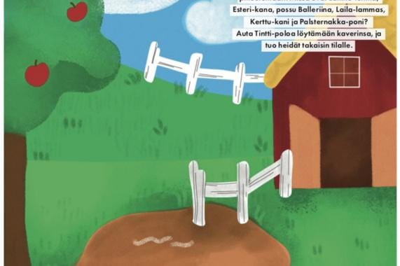 Tinttisuunnistuksessa torstaista sunnuntaihin saakka Jamin Kurejoen toimipisteellä tintti kaipailee apua lapsilta. Missä ovat Laikku-lehmä, Laila-lammas, Esteri-kana, possu Balleriina, Kerttu-kani ja Palsternakka-poni? KUVA: LIIKUNTA-AALTO