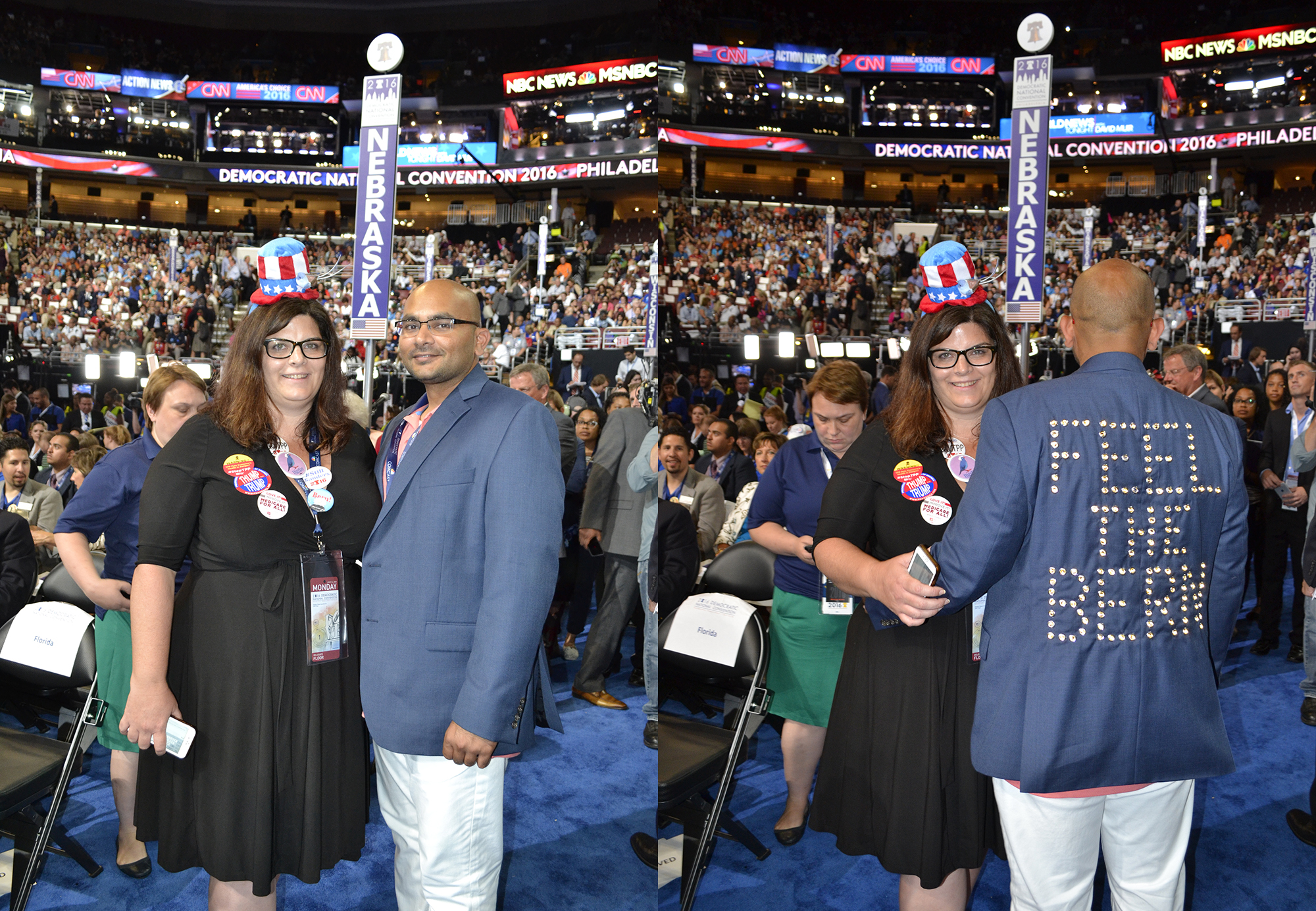 Stacey ja Sanjay Patel osoittavat puoluekokouksessa Philadelphiassa tukeaan Bernie Sandersille. 