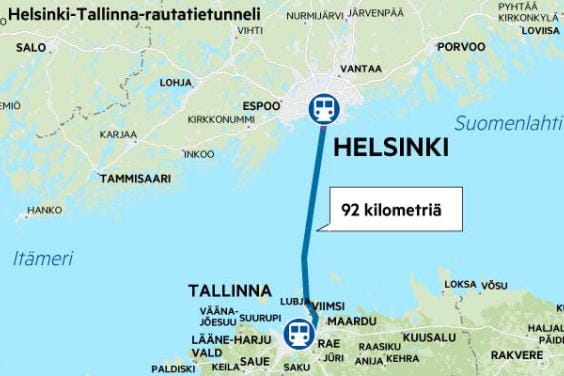 Mahdolliselle Helsinki–Tallinna-rautatietunnelille on suunniteltu useita vaihtoehtoisia linjauksia. Pituus maan ja meren alla on eri suunnitelmissa 90–100 kilometriä. KUVA: Maps4News