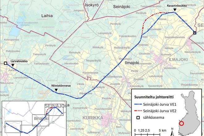 Jurvassa voimajohdon päätepiste on Koskimäessä. Ilmajoen kahdesta reittivaihtoehdosta valittiin jatkosuunnitteluun karttaan punaisella merkitty vaihtoehto. KARTTAKUVA: CARUNA