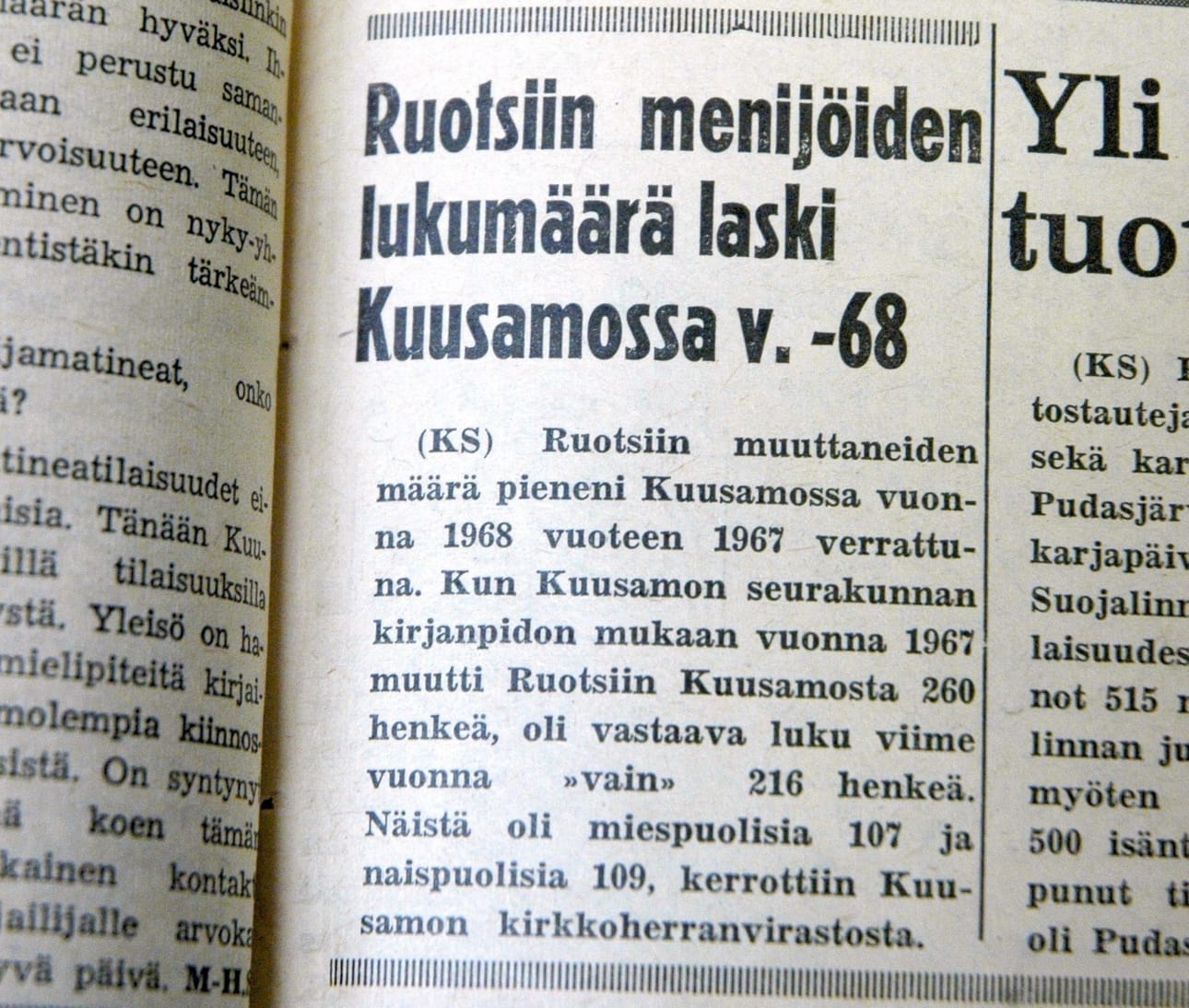 Ruotsiin muutto näkyi Koillissanomien otsikoissa 1960-luvun lopulla.