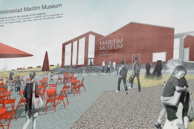 Jos Merimuseon arkkitehtikisan voittanut työ toteutuu, näyttää museorakennus ja Saunapuiston ranta Kristiinankapungissa muutaman vuoden kuluttua tällaiselta. HAVAINNEKUVA