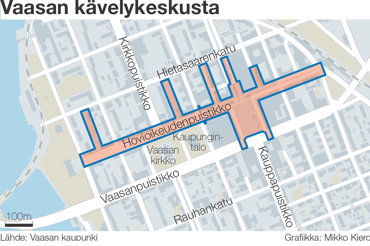 Kävelykeskustaa halutaan laajentaa koko Hovioikeudenpuistikon alueelle. Grafiikka
