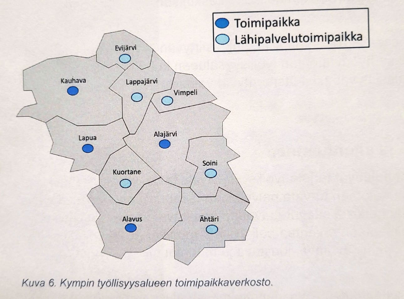 Kympin työllisyysalueen toimipaikkaverkosto näyttää tältä. Neljässä kunnassa on toimipaikka, kaikkiaan kymmenessä saa lähipalvelua. Kuva on Kympin järjestämissuunnitelmasta.