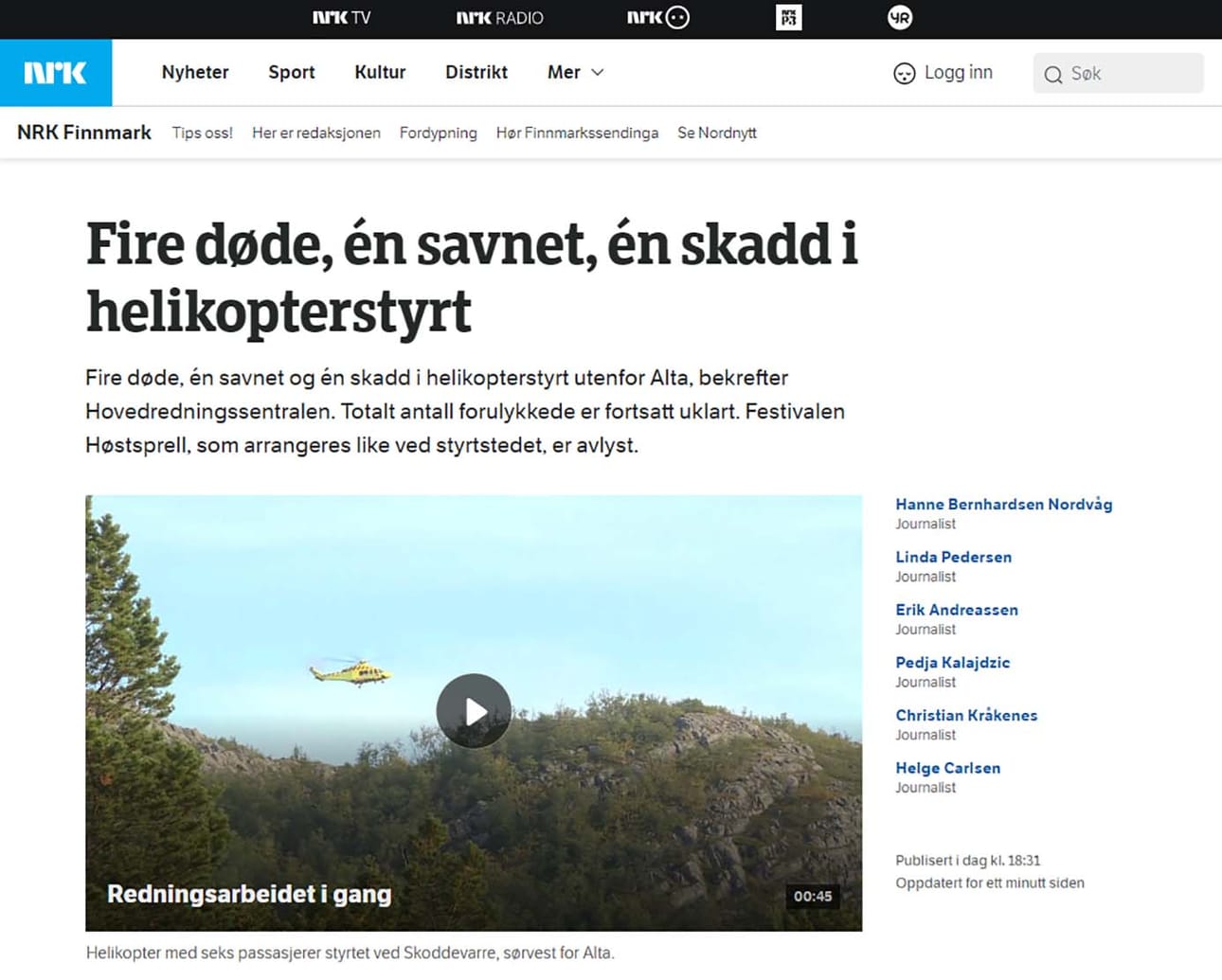 Kuvakaappaus onnettomuusuutisesta.