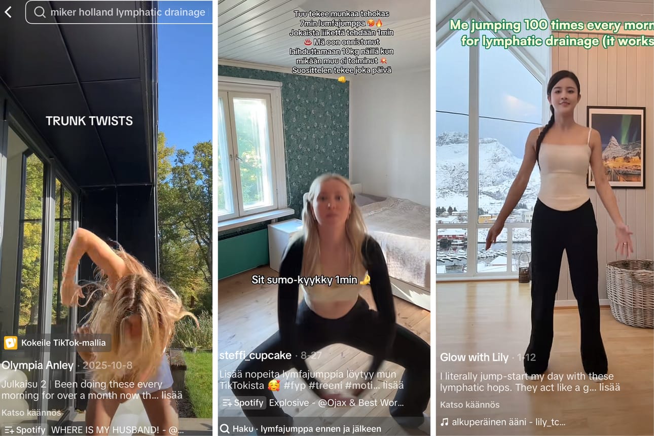 Kuvakaappauksia sosiaalisessa mediassa esitetyistä lymfajumpista.
