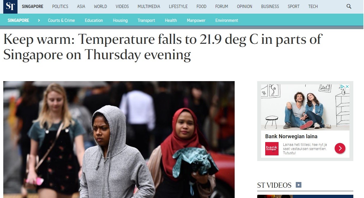 Sääjutut vetävät singaporelaisessakin mediassa.