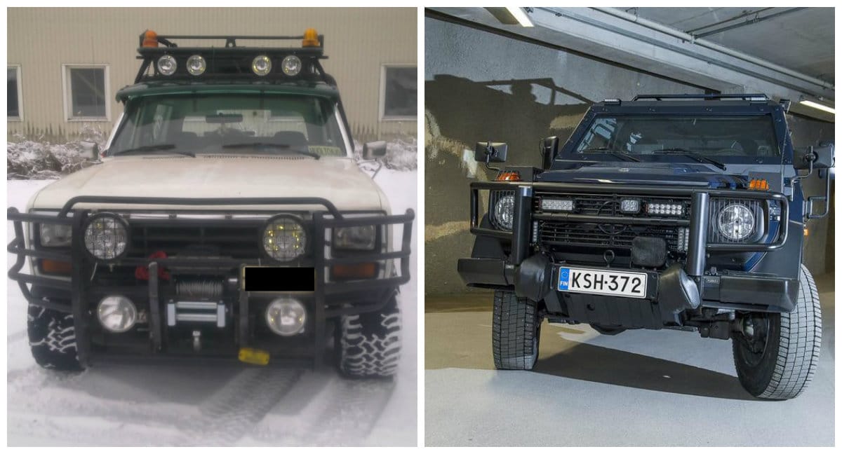 Olli Kiukkaan laittama vuoden 1986 Ford Bronco ja poliisin tuore Hevi-Mersu vierekkäin.