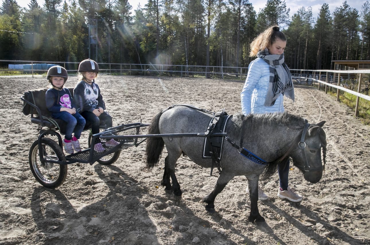 Osta tilalta! –päivä järjestettiin neljättä kertaa. Pihla ja Lilja Laurila pääsivät poniajelulle. Milla Kurkela taluttaa.