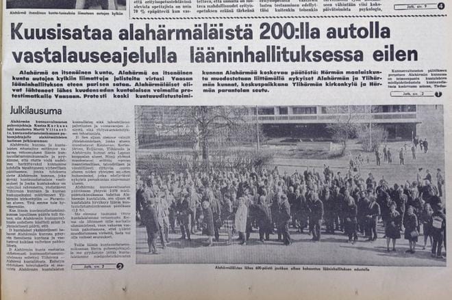 Sanomalehti Ilkka kertoi etusivullaan 23. toukokuuta 1969 alahärmäläisten matkasta maaherran puheille Vaasaan. Kuntalaiset eivät hyväksyneet suunniteltua Alahärmän ja Ylihärmän yhdistämistä Härmä-nimiseksi kunnaksi. KUVA: KARI LÖFHJELM