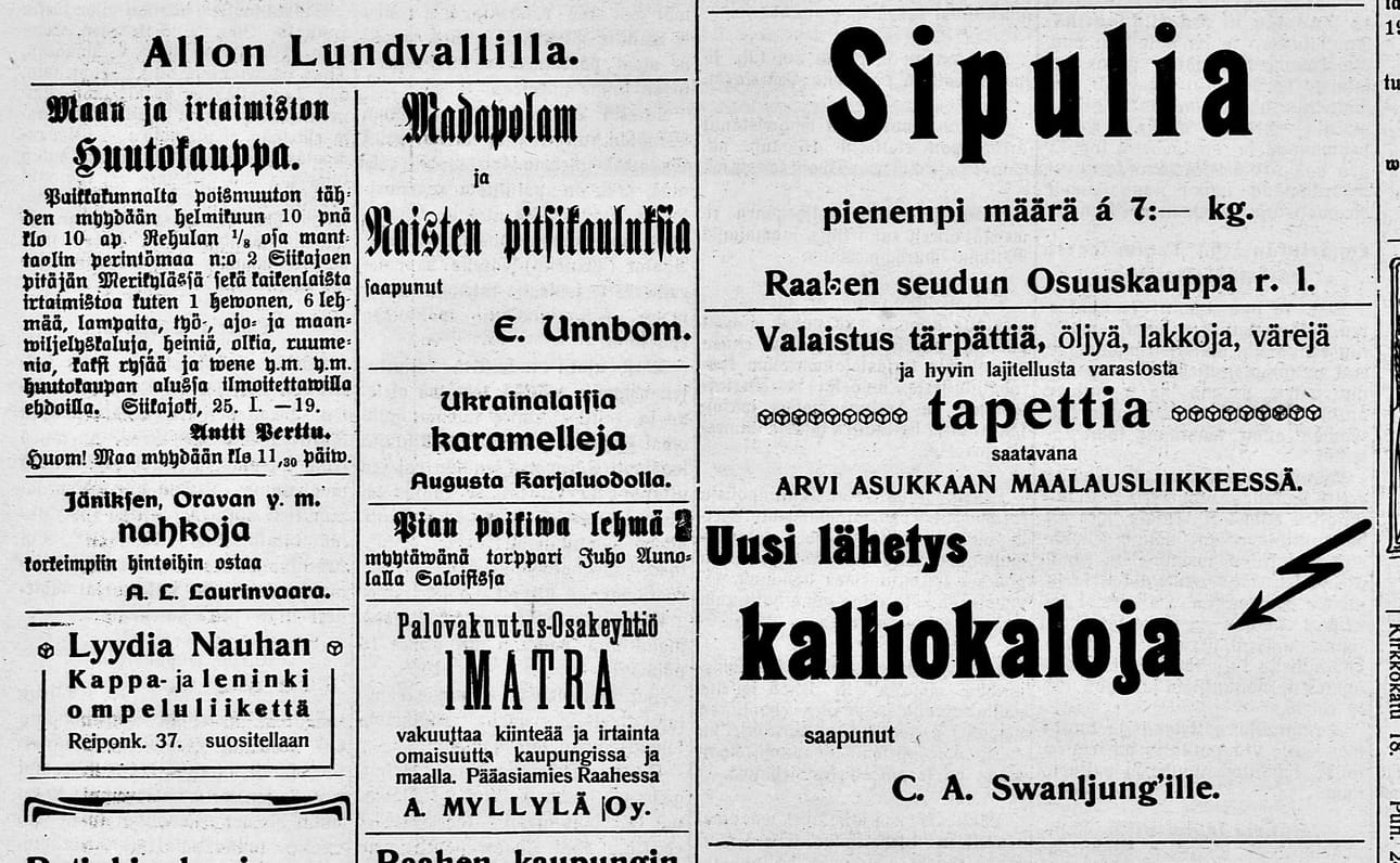 Sata vuotta sitten myytäväksi tarjottiin muun muassa kalliokaloja, putinkipulveria, ukrainalaisia karamelleja ja pian poikiva lehmä. Kenkäliikettä pitänyt A.L. Laurinvaara puolestaan ostatteli jäniksen ja oravan nahkoja.