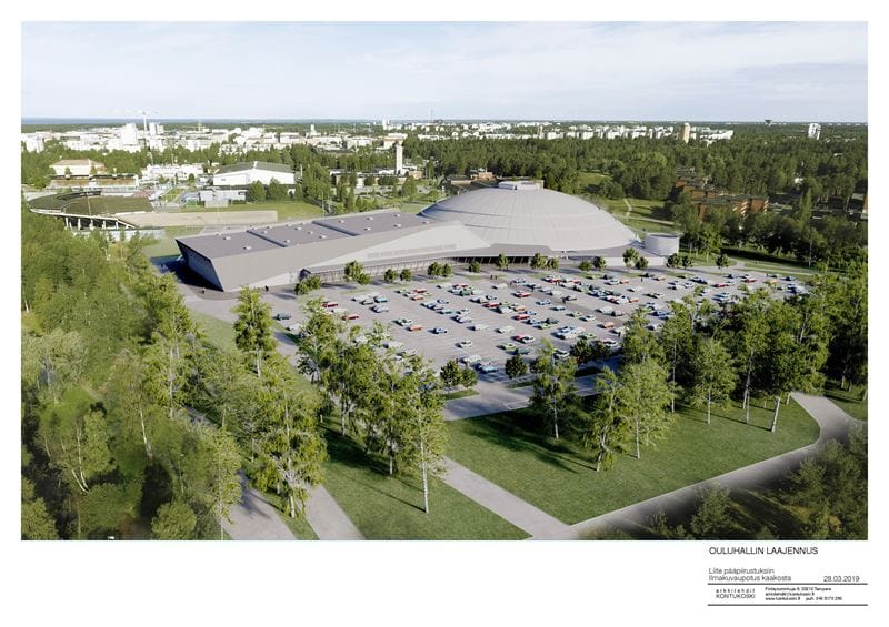 Ouluhallin laajennuksen havainnekuva.