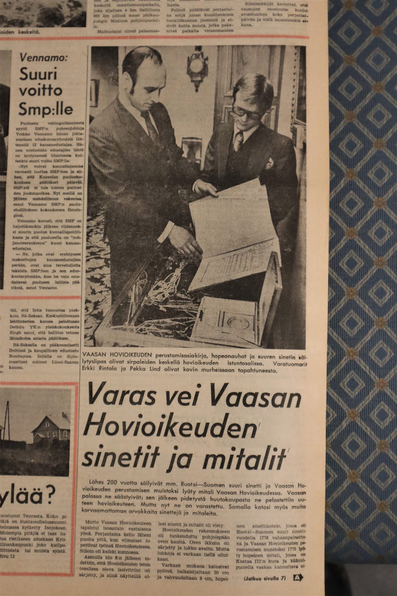 Vaasa-lehti uutisoi hovioikeuden varkaudesta 8.10.1972 lehdessä.