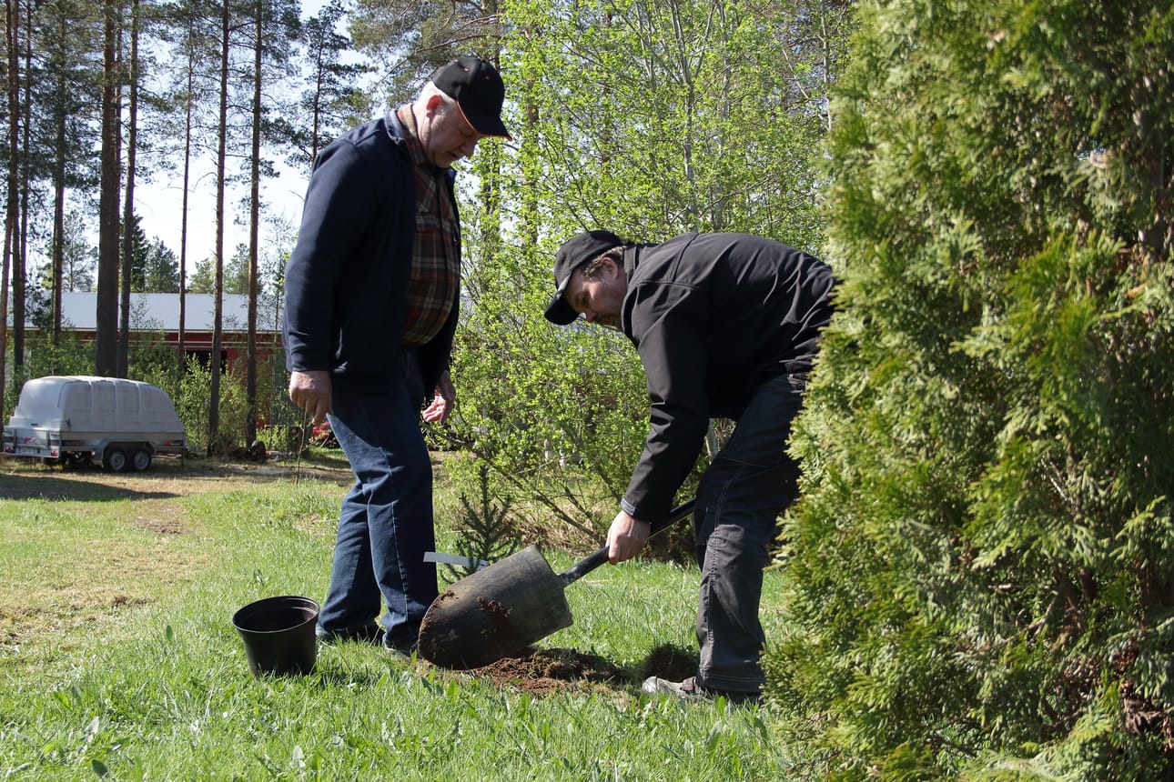 Eläkeliiton Haapaveden yhdistyksen puheenjohtaja Hannu Rytky sekä Arvolan tilan isäntä Janne Heikkilä istuttamassa muistopuuta toukosiunauksessa.