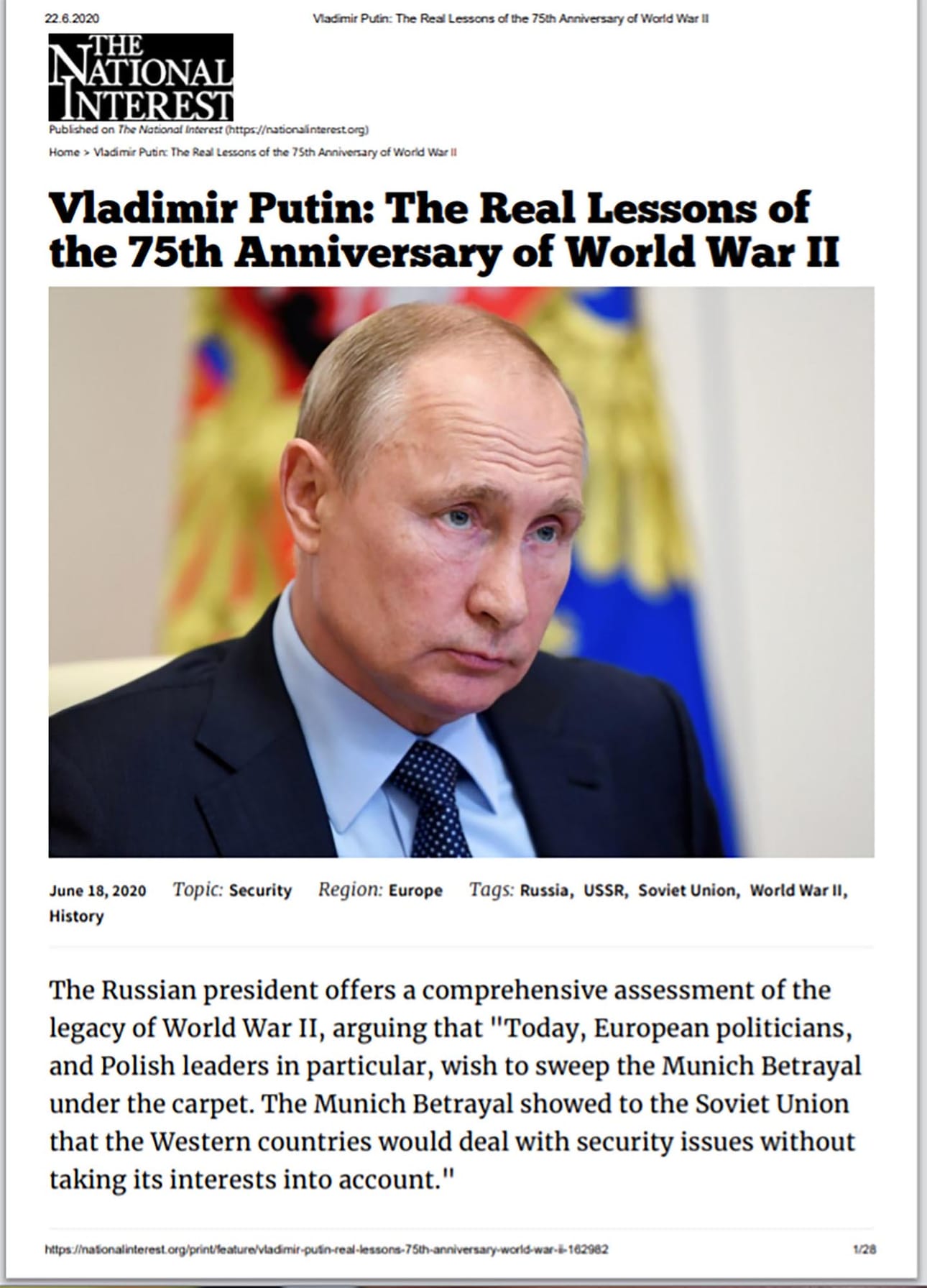 Ruutukaappaus The National Interest -lehden verkkoversiosta. Venäjän presidentin Vladimir Putinin kirjoittama teksti on julkaistu sanasta sanaan venäjänkielisillä sivustoilla.