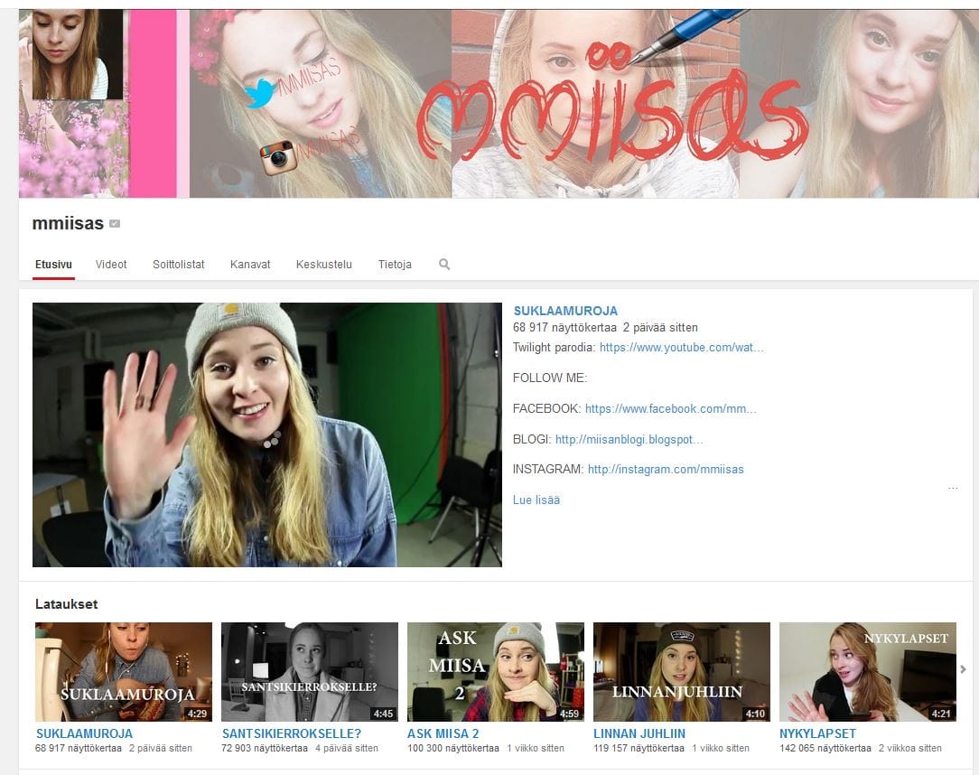 Mmiisas oli nopeimmin suosiotaan kasvattanut Youtube-kanava. Videoblogia pitää 19-vuotias Miisa Rotola-Pukkila.